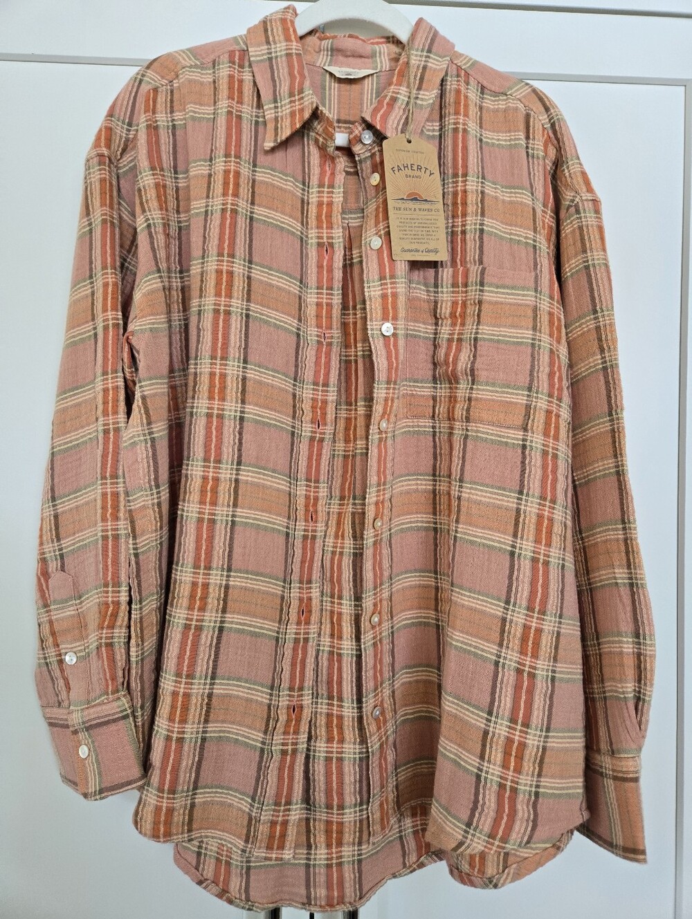 Faherty Dune Cotton Gauze Shirt L Tinted Rose Water Plaid NWT - Picture 3 of 7
